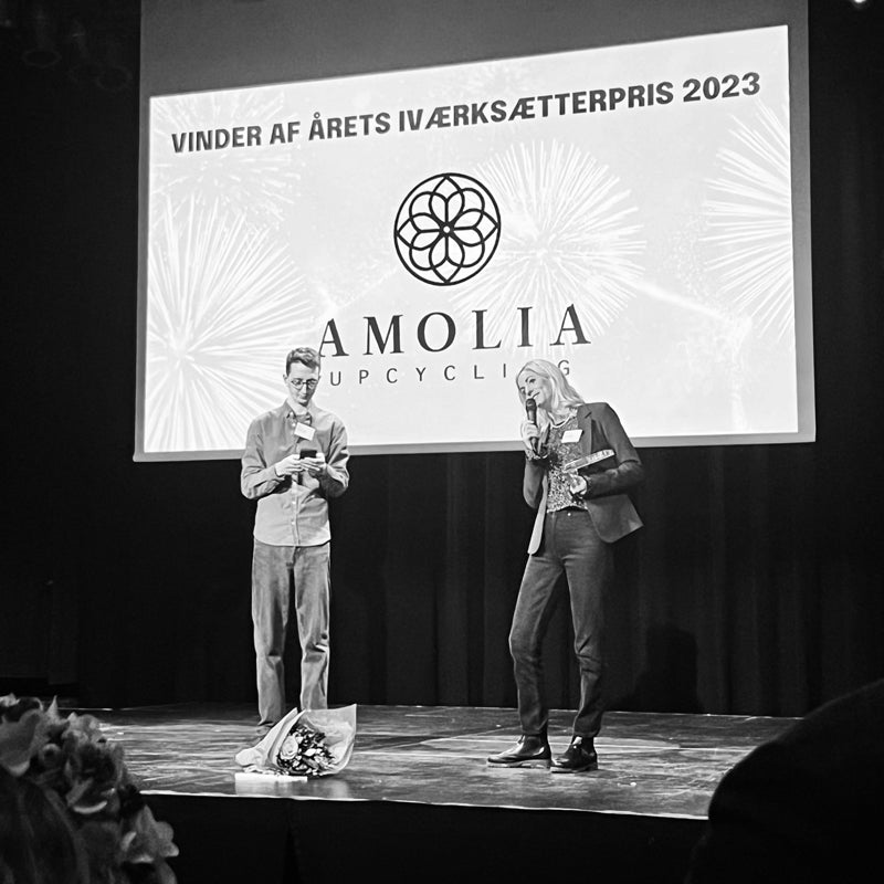 Rikke and Jamie standing on stage accepting the prize