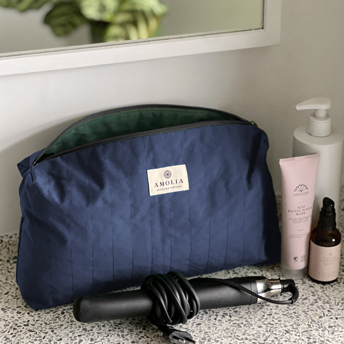 Upcycled Toiletry bag, large, navy blue