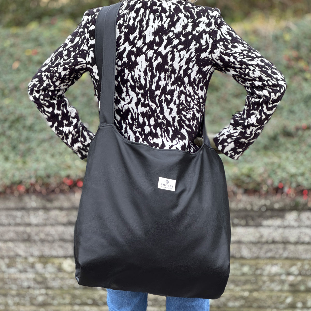 Upcycled mega shopping bag, black dead stock fabric