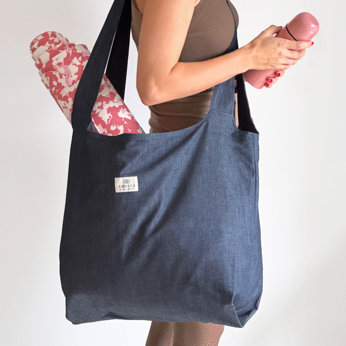 Upcycled mega shopping bag, blue denim dead stock fabric