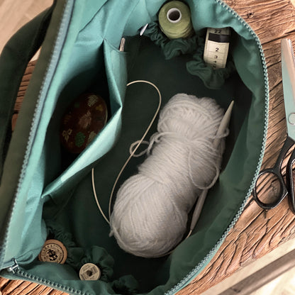 Upcycled knitting / sewing bag, small, green