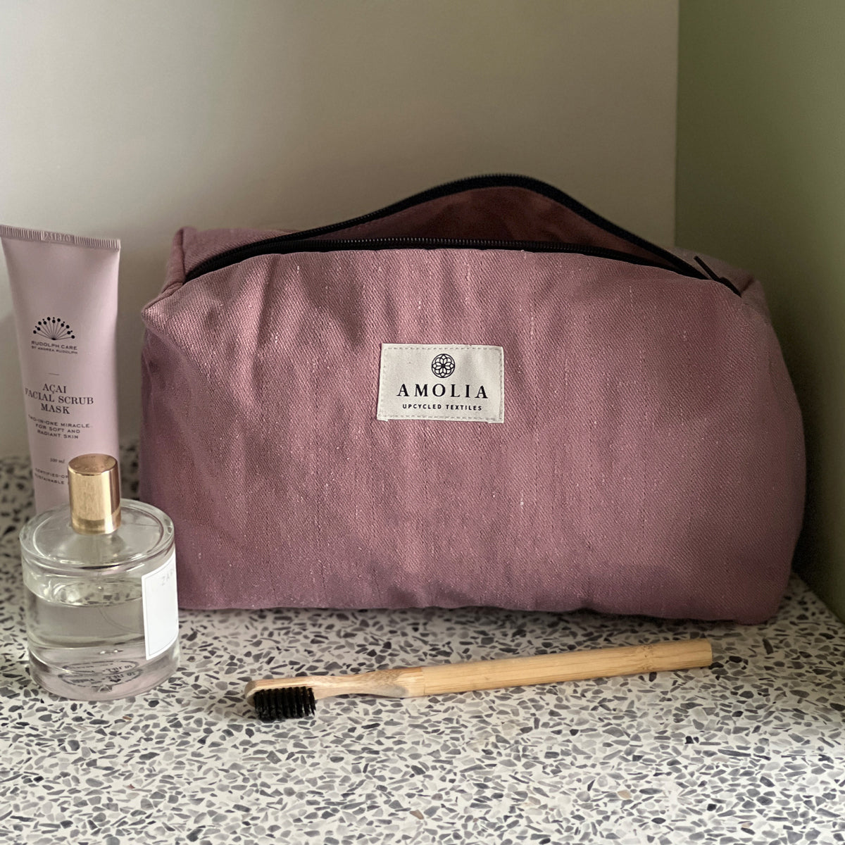 Upcycled toiletry bag, small, pink