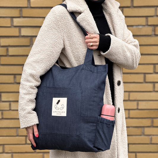 Upcycled tote bag with bottle holder, blue denim dead stock fabric