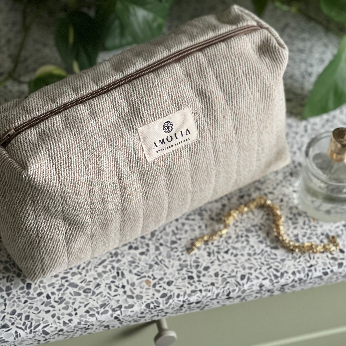 Upcycled toiletry bag, small, beige